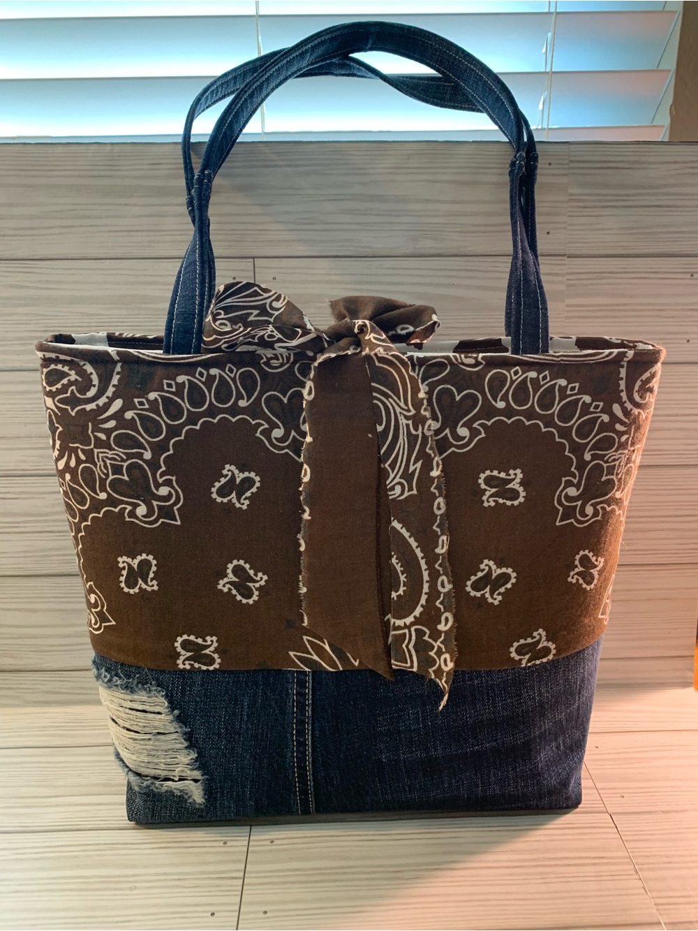 Hand Crafted Brown Bandana & Denim Tote with Tie Accent